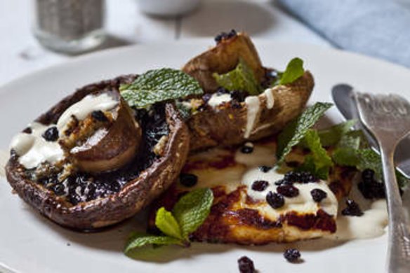 Grilled mushrooms with garlic, tahini and haloumi.