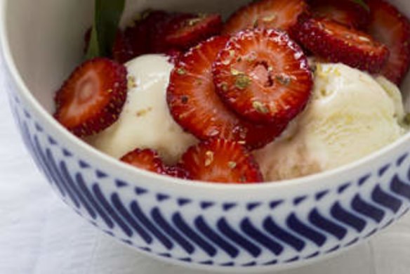 Lemon verbena ice cream with strawberries and Szechuan pepper.