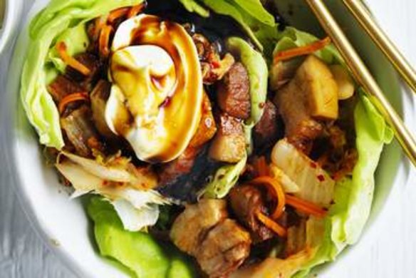 Coconut water braised pork and kimchi lettuce wraps.