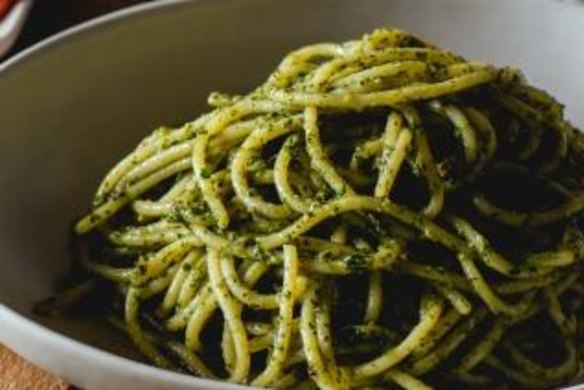 Sicilian pesto and warm tomato salad make a light summer meal.