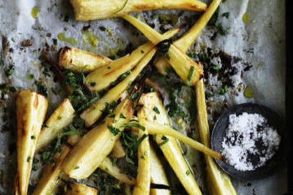 cr: William Meppem recipe - Roast parsnips with mint gremolata