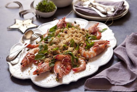 King prawn and quinoa salad with pistachios and mint. Karen Martini CHRISTMAS recipes for Epicure and Good Food.