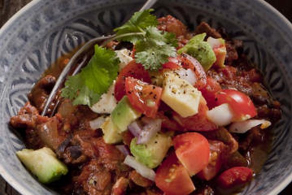 Chilli with black beans, avocado and sour cream.