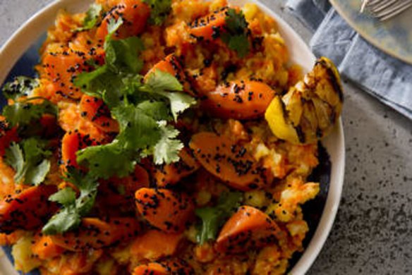 Carrot and potato salad with caraway, lemon and nigella seeds.