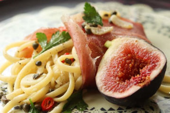 Prosciutto-wrapped linguine with chilli, lemon and figs.