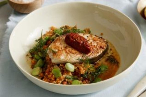 Tender and succulent: Seared fish cutlet with broad bean and fregola stew.