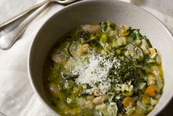 Spring minestrone with rocket and basil pesto.