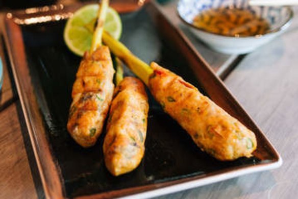 Fish skewers on lemongrass spears.