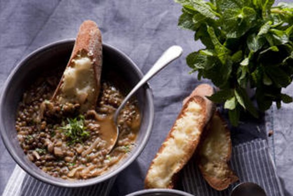 French lentil and onion soup. Caroline Velik ONION recipes for Epicure and Good Living. Photographed by Marina Oliphant. Food preparation and styling by Caroline Velik. Photographed July 30, 2012. The Age Newspaper and The Sydney Morning Herald.