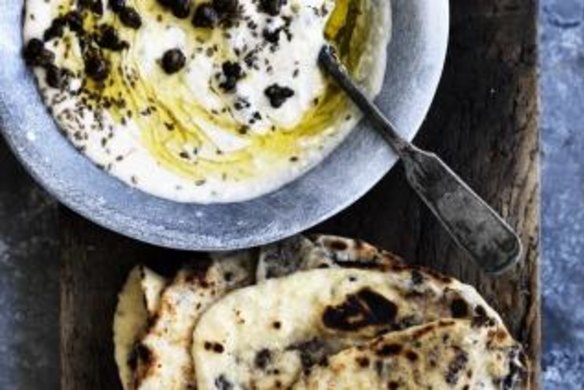 Dan Lepard's white bean puree, fried capers with tapenade flatbreads.