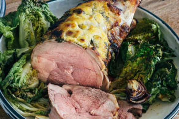 Gin and oregano lamb leg with roasted lettuce.