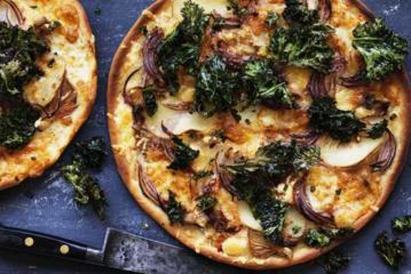 Potato, kale and oyster mushroom pizza.