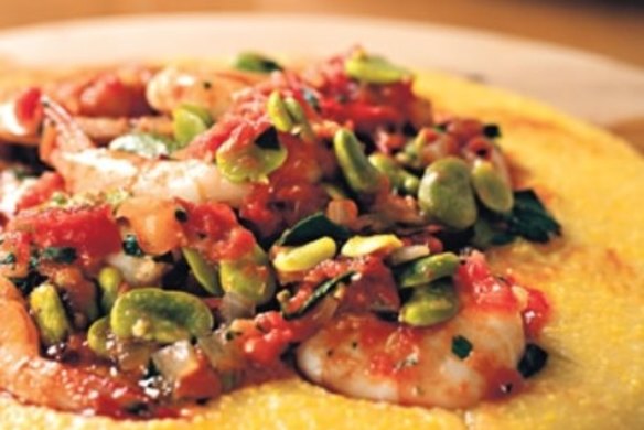 Braised prawns with broad beans and polenta