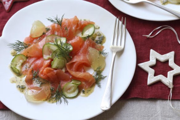 Smoked salmon with cucumber jelly.