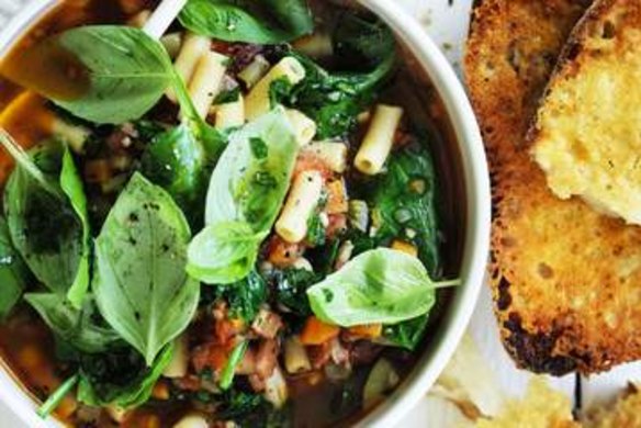 Thick minestrone with parmesan croutons.