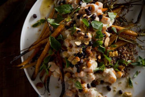 Carrot and red quinoa salad with oregano, smoked almonds, currants and roasted garlic dressing.