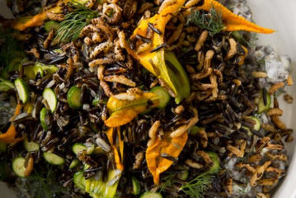 Zucchini flower, wild rice, lentil and yoghurt salad.