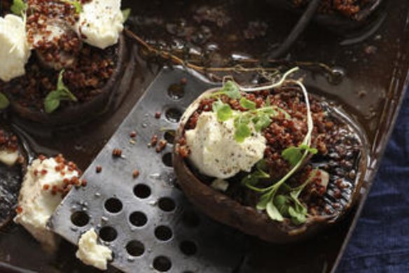 Baked portabello mushrooms topped with quinoa and feta.