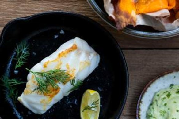 Pan-roasted ling with sweet potato chips and avocado yoghurt.