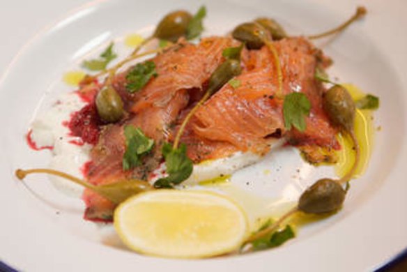 Salmon gravlax with creme fraiche and beetroot chutney at The Alps.