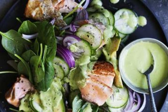 Salmon salad with green tahini dressing.