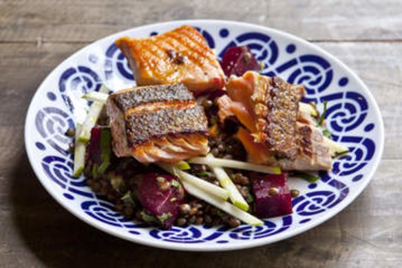 Lentils, beetroot, apple, grilled salmon.