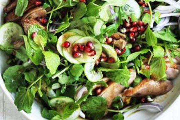 Duck and pomegranate salad with hoisin vinaigrette.