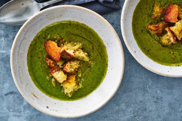 Zucchini and basil soup with garlic, thyme and parmesan croutons.