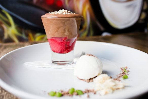 The chocolate mousse is sweet and light with a layer of raspberry at the base.