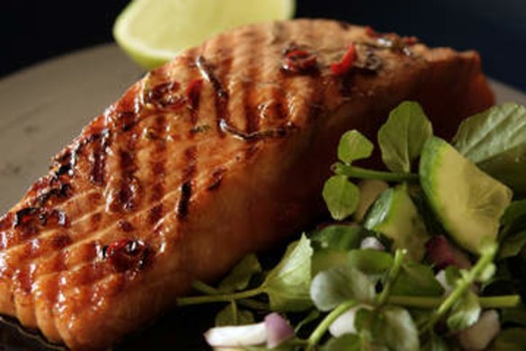 Barbecued ginger and soy glazed salmon.