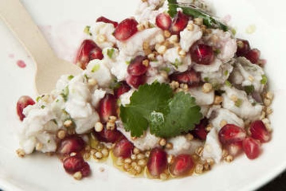 White cerviche with puffed quinoa.