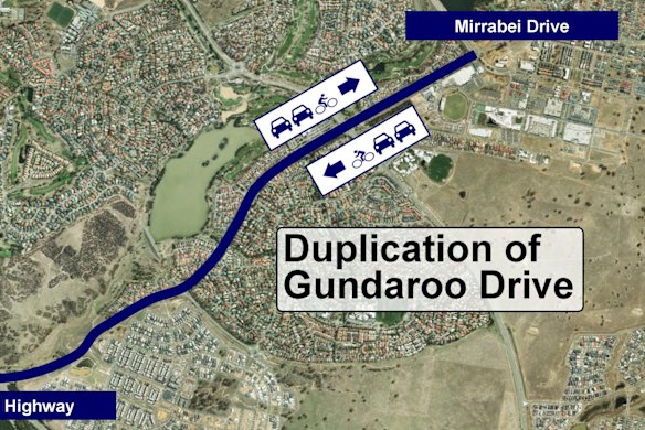 The stage one of Gundaroo Drive duplication from Mirrabei Drive to the Barton Highway is expected to be completed later this year.