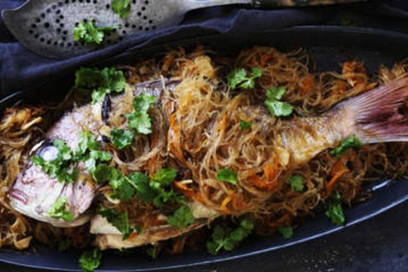 Steamed snapper in glass noodles.