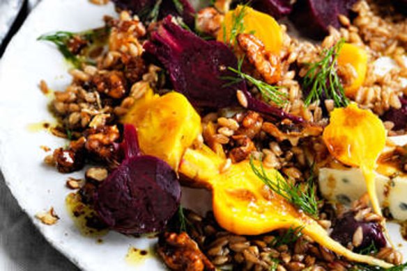 Neil Perry's farro, beetroot, gorgonzola and candied walnut salad.