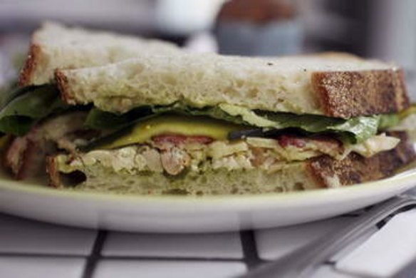 Coriander aioli and pickled zucchini liven up the club sandwich.