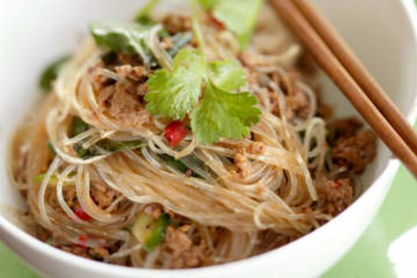 Spicy pork and noodle stir-fry.