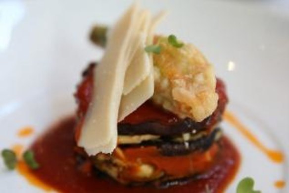 Eggplant, zucchini, smoked mozzarella, Napoli sauce, truffled ricotta and zucchini flower.