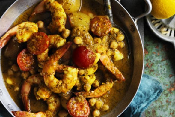 Tagine of king prawn, chickpeas, almonds and cherry tomatoes.