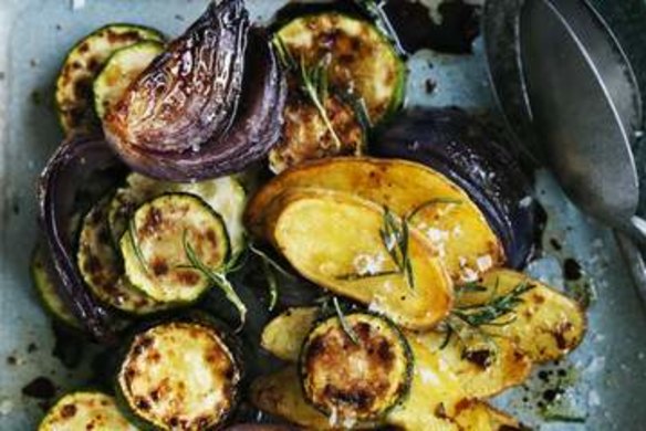 Roasted new potato zucchini and red onion.