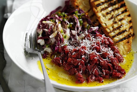 Chopped raw beef with jalapeno salad and bruschetta