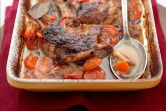 Braised duck legs with carrots and bubble-and-squeak