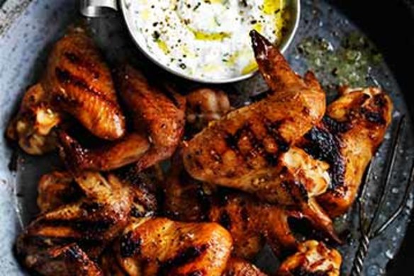 Southern smoky chicken wings with goats curd dressing.