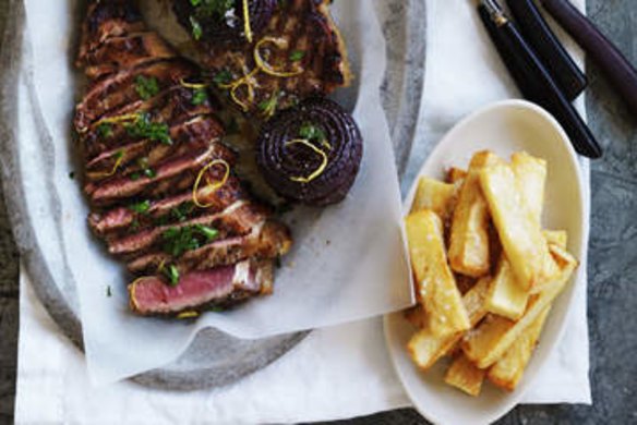 Neil Perry's barbecued beef sirloin with onion, parsley and lemon salad.