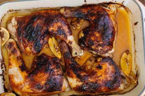 Roasted chicken Marylands with chilli and honey.