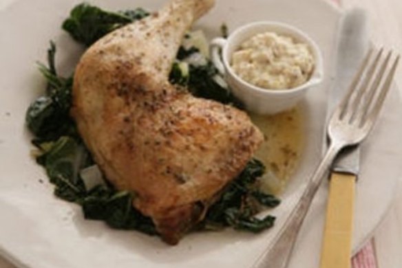 Fast roast chicken with bread sauce and silverbeet