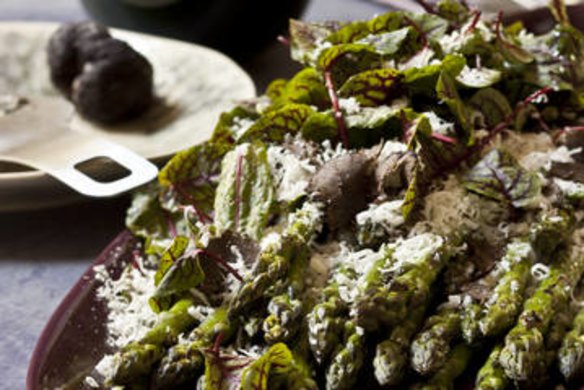 Grilled asparagus with sorrel with shaved black Australian truffle. Karen Martini CHRISTMAS recipes for Epicure and Good Food.