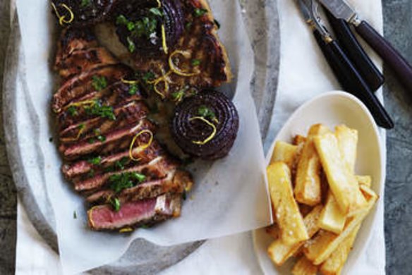 Neil Perry's barbecued beef sirloin with onion, parsley and lemon salad.