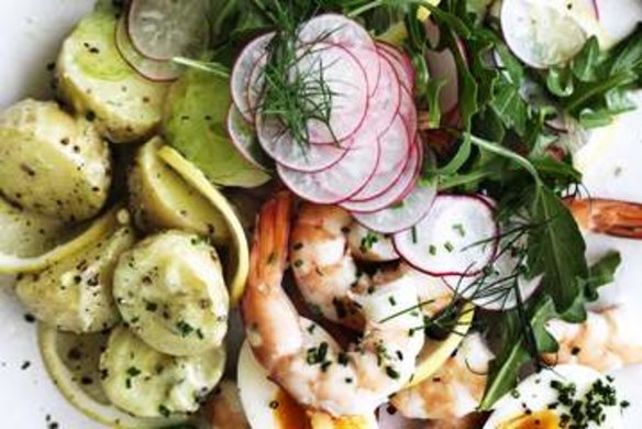 Potato, prawn and avocado salad is an ideal late-summer lunch or dinner.