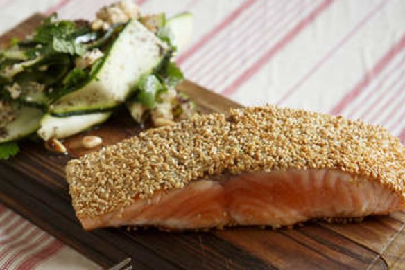 Sesame-crusted salmon with zucchini and cucumber salad.