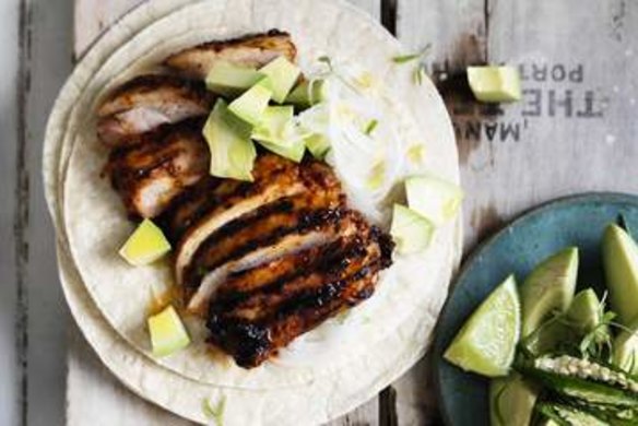 Neil Perry's adobo-marinated chicken tacos.